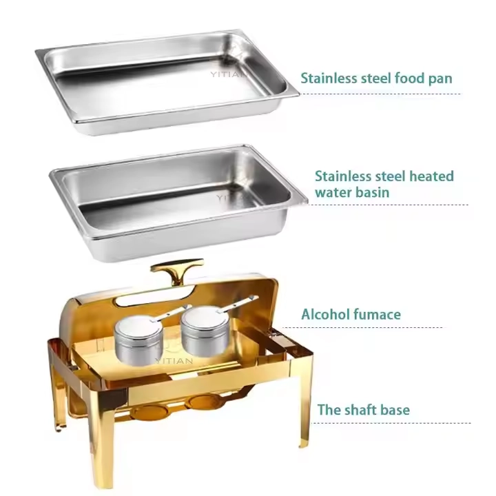 Wholesale Roll Top Chafing Dish, Rectangular Gold Buffet Set Bulk
