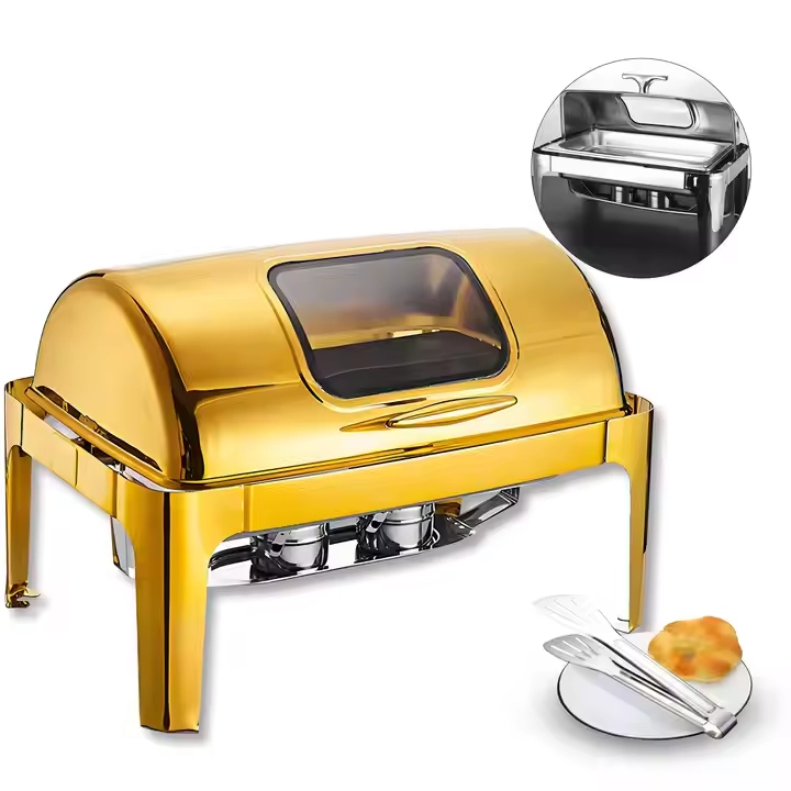 Wholesale Roll Top Chafing Dish, Rectangular Gold Buffet Set Bulk