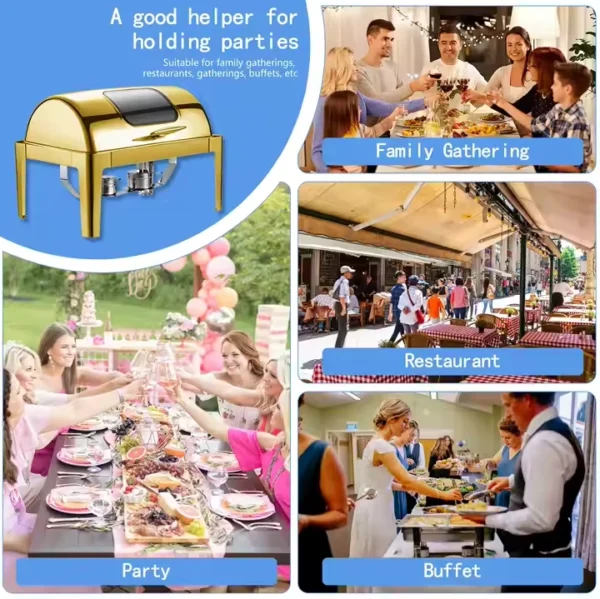 Wholesale Roll Top Chafing Dish, Rectangular Gold Buffet Set Bulk